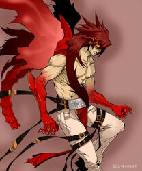  1boy bad_id bad_pixiv_id belt buckle collarbone dragon_install grin guilty_gear male_focus muscular pants red_wings shirorenge_(huruhuru) smile sol_badguy solo teeth wings 