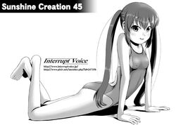  arm_support bad_feet barefoot commentary_request competition_swimsuit female greyscale long_hair lying monochrome on_stomach one-piece_swimsuit original solo swimsuit tk4 twintails upward_dog 