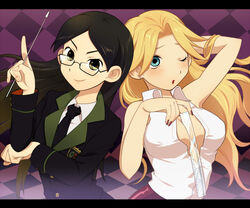  2girls bad_id bad_pixiv_id between_breasts black_hair blonde_hair breasts glasses kimura_kaere kitsu_chiri long_hair ma_(numanuma) multiple_girls necktie one_eye_closed parted_bangs ruler sayonara_zetsubou_sensei 