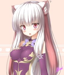  alternate_hairstyle animal_ears artist_name bare_shoulders blush breasts commentary_request eyes_visible_through_hair female hair_down haku_(p&amp;d) highres impossible_clothes lilium0235 long_hair looking_at_viewer medium_breasts multicolored_hair oerba_yun_fang open_mouth puzzle_&amp;_dragons red_eyes red_hair signature simple_background solo tiger_ears two-tone_hair white_hair 