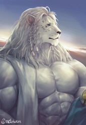  2018 abs ajani_goldmane anthro biceps digital_media_(artwork) felid fur hair hasbro kuron lion long_hair magic:_the_gathering male mammal muscular muscular_anthro muscular_male pantherine pecs solo white_body white_fur wizards_of_the_coast 