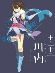  asymmetrical_legwear blue_background brown_hair character_name commentary_request elbow_gloves female flashlight full_body gloves grey_eyes hair_ornament hand_on_own_hip highres kantai_collection necktie pleated_skirt remodel_(kantai_collection) scarf semidou_jun sendai_(kancolle) shirt short_hair skirt sleeveless sleeveless_shirt standing torpedo twitter_username uneven_legwear vambraces 