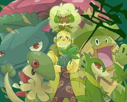  1boy breloom coat commentary_request crossover green_theme jojo_no_kimyou_na_bouken ludicolo oddish pesci pokemon pokemon_(creature) servine tsukumoya_hajime venusaur whimsicott 