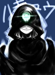  abyssal_ship bad_id bad_pixiv_id blue_background character_name cloak colored_skin covered_eyes evil_grin evil_smile female glowing grin ha-class_destroyer highres hood hooded_cloak kantai_collection sa_tsuko smile solo text_background upper_body white_hair white_skin 