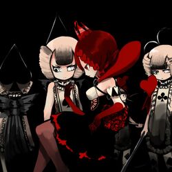  4girls black_background club_(shape) coatifan commentary_request crown dark drill_hair elbow_gloves gloves grim_heart heart lipstick magical_girl mahou_shoujo_ikusei_keikaku mahou_shoujo_ikusei_keikaku_jokers makeup multiple_girls multiple_persona pink_hair red_eyes red_gloves red_hair red_lips shufflin simple_background sitting spade_(shape) tabard twin_drills white_eyes 