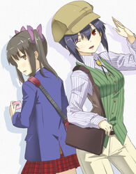  2girls alternate_costume alternate_headwear bag black_hair bolo_tie bow brown_eyes brown_hair cabbie_hat casual checkered_clothes checkered_skirt cl_(h-sys.) commentary_request contemporary hairbow hat head_tilt highres himekaidou_hatate looking_back multiple_girls one_eye_closed open_mouth red_eyes shadow shameimaru_aya shoulder_bag simple_background skirt tamagotchi tamagotchi_(virtual_pet) touhou twintails vest 