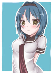  arms_behind_back bad_id bad_pixiv_id blue_background blue_hair blush breasts brown_eyes female furutani_himawari hairband kou89 looking_at_viewer nanamori_school_uniform school_uniform serafuku solo wavy_mouth yuru_yuri 