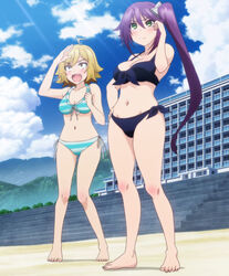  2girls ameno_sagiri_(yuragisou_no_yuuna-san) anime_screenshot bikini blonde_hair green_eyes highres multiple_girls outdoors ponytail purple_hair short_hair stitched swimsuit third-party_edit urataka_urara yellow_eyes yuragisou_no_yuuna-san 