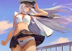  ass_visible_through_thighs azur_lane black_bow blue_eyes blue_sky bow bow_panties bra breasts cleavage cloud commentary day enterprise_(azur_lane) female hat jacket long_hair navel necktie ocarino open_clothes open_jacket panties pantyshot sky solo standing underwear white_bra white_hair white_panties 