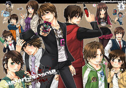  4girls 6+boys :d animification black_hair blush book brown_eyes brown_hair camera card commentary_request cooler crossover dango english_text fish_bone food green_eyes hair_ornament hairclip hanaori_kotoha hat hidari_shoutarou hikari_natsumi ikenami_ryuunosuke jacket jewelry kadoya_tsukasa kaitou_daiki kamen_rider kamen_rider_dcd kamen_rider_w kivala long_hair looking_at_another looking_at_viewer looking_back mouth_hold multiple_boys multiple_girls narumi_akiko necktie one_eye_closed onodera_yuusuke open_mouth oson pants pendant philip_(kamen_rider) ponytail samurai_sentai_shinkenger sanshoku_dango shiba_takeru shiraishi_mako shirt short_hair skewer slippers smile super_sentai sweatdrop tani_chiaki tongue tongue_out triangle_mouth twin-lens_reflex_camera umemori_genta wagashi watch wavy_mouth 