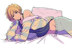  1boy bad_id bad_twitter_id bed_sheet blonde_hair closed_mouth dorifesu! earrings groin jewelry ku--ma looking_at_viewer lying male_focus midriff_peek navel off_shoulder on_side pants pillow purple_eyes sasaki_junya smile solo sweatpants tank_top 