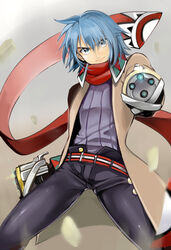  1boy bad_id bad_pixiv_id belt blue_eyes blue_hair coat dean_stark grey_background male_focus merii pants scarf shirt solo wild_arms wild_arms_5 