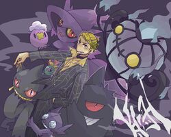  1boy banette blonde_hair chandelure cigarette commentary_request crossover drifloon formal gengar jewelry jojo_no_kimyou_na_bouken magatama magatama_necklace mismagius necklace pokemon pokemon_(creature) prosciutto sableye suit tsukumoya_hajime 