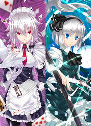  2girls apron blue_eyes braid card commentary_request cup dual_wielding hair_ribbon holding izayoi_sakuya konpaku_youmu konpaku_youmu_(ghost) maid_apron maid_headdress makie_fujiyuki multiple_girls red_eyes ribbon tea teacup touhou twin_braids white_hair 