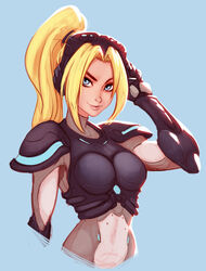  absurdres arm_up armor blonde_hair blue_background blue_eyes bodysuit boobplate breastplate breasts commentary english_commentary female hair_intakes highres lips long_hair looking_at_viewer medium_breasts mole nova_(starcraft) photoshop_(medium) ponytail raichiyo33 simple_background solo starcraft terran visor 