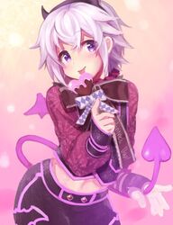  1boy alternate_costume bad_id bad_twitter_id blush bow candy chocolate demon_horns demon_tail demon_wings dorifesu! fingerless_gloves food gloves hairband heart heart-shaped_chocolate horns licking long_sleeves looking_to_the_side male_focus midriff pink_background purple_eyes purple_hair sawamura_chizuru solo tail tongue tongue_out utsunomiya_hetaru valentine wings 