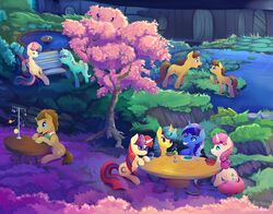  2017 bench bonbon_(mlp) caramel_(mlp) detailed_background doctor_whooves_(mlp) equid equine eyewear female feral friendship_is_magic glasses group hasbro hi_res horn horse lemon_hearts_(mlp) lyra_heartstrings_(mlp) male mammal minuette_(mlp) moondancer_(mlp) my_little_pony mythological_creature mythological_equine mythology outside park pony sitting twinkleshine_(mlp) unicorn viwrastupr 