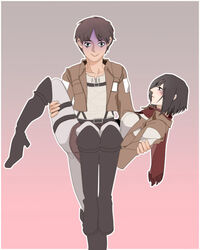  1boy aruco belt black_hair blush boots breasts brown_hair carrying carrying_person commentary_request eren_yeager female jacket medium_breasts mikasa_ackerman paradis_military_uniform photoshop_(medium) princess_carry reverse_princess_carry scarf shingeki_no_kyojin short_hair strong thigh_strap 