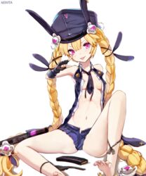  :p animal_ears animal_hat bad_id bad_pixiv_id bare_legs barefoot black_gloves black_hat black_jacket black_necktie black_ribbon blonde_hair blue_skirt blush braid breasts closed_mouth commentary dog_tags ear_piercing elbow_gloves female fingerless_gloves girls&#039;_frontline gloves gun hair_between_eyes hair_ornament hair_ribbon hat head_tilt jacket long_hair looking_at_viewer magazine_(weapon) nail_polish name_connection navel necktie nekoya_(liu) object_namesake open_clothes open_jacket open_shirt peaked_cap piercing pink_nails pleated_skirt purple_eyes rabbit_ears rabbit_hat ribbon shirt signature simple_background sitting skirt sleeveless sleeveless_jacket sleeveless_shirt small_breasts smile soles solo sr-3mp sr-3mp_(girls&#039;_frontline) toeless_legwear toenails tongue tongue_out twin_braids very_long_hair weapon white_background white_shirt 