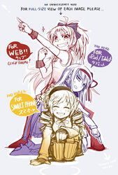  3girls akemi_homura akemi_homura_(magical_girl) all_fours arm_support arrow_(symbol) beret clenched_hand closed_eyes color-coded commentary_request drill_hair english_text fingerless_gloves gloves grin hair_ornament hair_ribbon hat high_heels kneeling long_hair looking_at_viewer magical_girl mahou_shoujo_madoka_magica mahou_shoujo_madoka_magica:_hangyaku_no_monogatari multiple_girls multiple_monochrome open_mouth pantyhose parted_lips photoshop_(medium) pixiv pointing ponytail purple_theme red_theme ribbon sakura_kyoko sakura_kyoko_(magical_girl) silverxp simple_background smile spot_color standing straddling striped_clothes striped_thighhighs sweatdrop thighhighs tomoe_mami tomoe_mami_(magical_girl) twin_drills vertical-striped_clothes vertical-striped_thighhighs yellow_theme 