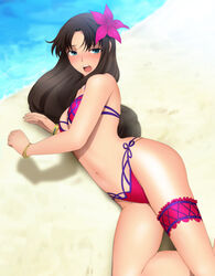  absurdres aqua_eyes beach bikini black_hair blush bracelet breasts cleavage cosplay day fate/grand_order fate/stay_night fate_(series) female flower hair_between_eyes hair_flower hair_ornament highleg highleg_bikini highres jewelry long_hair looking_at_viewer lying medium_breasts navel on_side open_mouth outdoors purple_flower purple_ribbon red_bikini ribbon scathach_(fate) scathach_(swimsuit_assassin)_(fate) scathach_(swimsuit_assassin)_(fate)_(cosplay) side-tie_bikini_bottom solo sweat swimsuit thigh_strap tohsaka_rin very_long_hair yadokari_genpachirou 