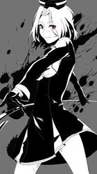  bad_id bad_pixiv_id female glaive_(polearm) gloves grey_background greyscale hair_intakes halo highres inkblot kantai_collection long_sleeves mechanical_halo monochrome polearm red_eyes sa_tsuko short_hair spot_color standing tatsuta_(kancolle) weapon 