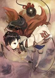  bent_over black_hair brown_eyes cape female foreshortening from_above full_body hatsuho hidari_(left_side) long_hair looking_at_viewer looking_up platform_footwear ponytail reverse_grip second-party_source smile solo standing tareme thighhighs toukiden weapon white_thighhighs 