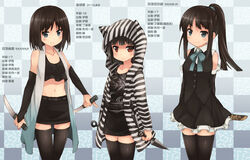  3girls akemiho_tabi_nikki animal_hood bad_id bad_pixiv_id belt black_eyes black_hair black_legwear blush bridal_gauntlets cat_hood character_age character_profile collarbone detached_sleeves fukube_tamaki gendai_ninjakko_zukan hood hoodie kouno_hikaru kunai long_hair looking_at_viewer midriff momochi_momoka momochi_yurika multiple_girls navel open_clothes open_hoodie ponytail red_eyes reference_sheet short_hair short_sword siblings sisters skirt smile stats striped_clothes striped_hoodie sword tantou thighhighs translated twins weapon zettai_ryouiki 