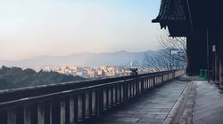  architecture cityscape day east_asian_architecture forest kiyomizu-dera kusakabe_(kusakabeworks) kyoto kyoto_tower nature no_humans original outdoors photorealistic real_world_location realistic revision scenery sky traffic_cone 