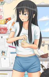  black_hair blue_shorts bottle can commentary_request crack cup_ramen donbei_kitsune_udon faucet female food_request grey_eyes instant_ramen instant_udon itoshiki_nozomu kitsu_tane long_hair nissin_cup_noodle nissin_donbei nissin_raoh photo_(object) pinkwaters sayonara_zetsubou_sensei shirt short_shorts shorts solo t-shirt trash white_shirt 