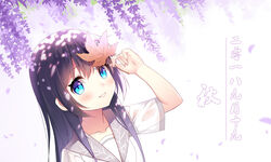  arm_up black_hair blue_eyes blush chinese_commentary collarbone commentary_request dappled_sunlight dutch_angle female fingernails flower grey_sailor_collar hair_between_eyes holding holding_leaf leaf long_hair original parted_lips petals purple_flower sailor_collar school_uniform serafuku shirt short_sleeves smile solo sunlight translated white_background white_shirt wisteria xia_xiang_(ozicha) 