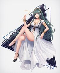  ain_houfanghuashui armlet black_hair blue_eyes bracelet character_name cleopatra_(fate) cleopatra_(third_ascension)_(fate) collar commentary_request crossed_legs dress earrings fate/grand_order fate_(series) female hairband high_heels highres hoop_earrings jewelry long_dress long_hair looking_at_viewer metal_collar necklace pumps smile solo tiara very_long_hair white_dress 