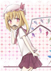  amakaze_sora bad_id bad_pixiv_id blonde_hair contemporary doughnut female flandre_scarlet food hat hat_ribbon red_eyes ribbon school_uniform side_ponytail solo touhou wings 