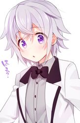  1boy :o bad_id bad_twitter_id blazer bow bowtie dorifesu! jacket looking_at_viewer male_focus open_clothes open_jacket open_mouth purple_eyes purple_hair sawamura_chizuru simple_background solo upper_body utsunomiya_hetaru white_background 