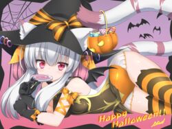  animal_ear_legwear animal_ears arm_ribbon artist_name bare_shoulders bat_(animal) bat_wings blunt_bangs bow breasts candy candy_cane cat_ear_legwear commentary_request eating english_text female food food_in_mouth gloves gradient_background haku_(p&amp;d) halloween halloween_costume happy_halloween hat hat_bow highres holding jack-o&#039;-lantern leotard light_blush lilium0235 lollipop long_hair looking_at_viewer multicolored_hair pumpkin purple_background puzzle_&amp;_dragons red_eyes ribbon signature silk solo spider_web striped_clothes striped_thighhighs swirl_lollipop tail thigh_gap thighhighs thighs tiger_ears tiger_tail two-tone_hair white_hair wings witch_hat 