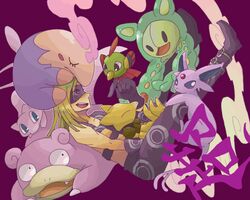  1boy blonde_hair commentary_request crossover espeon forked_tail jojo_no_kimyou_na_bouken long_hair mask melone mew_(pokemon) musharna pokemon pokemon_(creature) reuniclus slowpoke tail tsukumoya_hajime xatu 