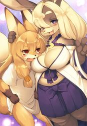  2girls animal_ears big_belly blonde_hair blush breasts bright_pupils cleavage clothes_lift commentary_request fat fox_ears fox_girl fox_tail furry furry_female hair_over_shoulder hand_on_another&#039;s_head huge_breasts kishibe koko_(kishibe) long_hair looking_at_viewer multiple_girls no_pants oerba_yun_fang open_mouth original purple_eyes red_eyes shirt_lift short_sleeves sweatdrop tail thick_eyebrows 