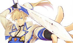  1boy bad_id bad_pixiv_id blonde_hair blue_eyes capelet fighting_stance fingerless_gloves gloves guilty_gear guilty_gear_xrd ky_kiske long_hair magnolia_eclair_ii male_focus peperonchiino_takuma ponytail solo sword uniform weapon 