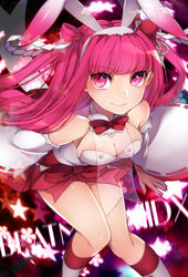  animal_ears beatmania_iidx bemani breasts cleavage commentary_request copyright_name fake_animal_ears female hairband kayase long_hair medium_breasts pink_eyes pink_hair rabbit_ears smile solo two_side_up umegiri_ameto 