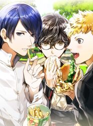  3boys :d :t amamiya_ren bag baozi bench biting black-framed_eyewear black_eyes black_hair black_jacket blonde_hair blue_eyes blue_hair blush boy_sandwich brown_eyes building burger buttons carrying closed_mouth commentary_request cup day eating eyelashes eyes_visible_through_hair fast_food fingernails food food_wrapper french_fries gakuran glasses grass highres holding holding_food iyutani jacket kitagawa_yuusuke light_particles long_sleeves looking_at_viewer male_focus multiple_boys oerba_yun_fang open_mouth outdoors paper_bag pavement persona persona_5 profile sakamoto_ryuuji sandwiched school_uniform school_yard shuujin_academy_school_uniform smile stairs tongue tree tree_shade upper_body 