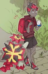  1boy aged_down backpack bad_id bad_twitter_id bag dark-skinned_male dark_skin drinking_straw grass highres holding_strap hood hoodie juice_box kiawe_(pokemon) lolicon looking_down male_focus multicolored_hair outline pokemon pokemon_(creature) pokemon_sm randoseru sandals short_sleeves shorts smile turtonator very_dark_skin walking ygcn 