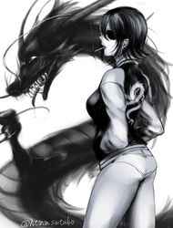  bad_id bad_pixiv_id cigarette dragon eastern_dragon eyepatch female hands_in_pockets highres jacket kantai_collection monochrome no_pants panties sa_tsuko short_hair smoking tenryuu_(kancolle) twitter_username underwear 