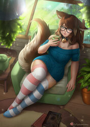  absurd_res animal_humanoid bell canid canid_humanoid canine canine_humanoid clothed clothing collar container cup eyewear female fluffysteambunny fox_humanoid glasses hi_res humanoid legwear looking_at_viewer mammal mammal_humanoid sitting slightly_chubby smile solo stockings thigh_highs wide_hips 