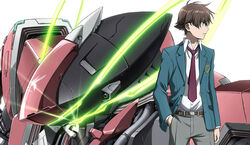  1boy belt blue_eyes brown_hair glowing hand_in_pocket jacket kakumeiki_valvrave male_focus mecha necktie official_art open_clothes open_jacket robot school_uniform solo suzuki_takuya suzuki_tatsuya tokishima_haruto valvrave_i 