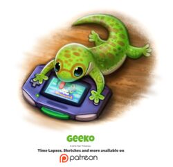  2016 ambiguous_gender comically_large_object daww digital_media_(artwork) digital_painting_(artwork) electronics english_text feral game_boy_advance game_boy_family game_console gaming gecko geek green_body humor lizard markings nintendo patreon patreon_logo piper_thibodeau playing_video_game pokemon pun reptile scalie simple_background solo spots spotted_body text tongue tongue_out white_background 