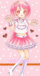  bad_id bad_twitter_id boots candy candy_hair_ornament commentary_request female food food-themed_hair_ornament frilled_skirt frilled_sleeves frills furuta_(company) furutan hair_ornament heart high_eight_(candy) highres looking_at_viewer mascot midriff open_mouth pink_background pink_hair pink_skirt polka_dot polka_dot_background short_sleeves skirt smile solo standing standing_on_one_leg tama_(tmykji3) twintails 