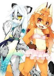  2girls animal_ears bikini bikini_skirt brown_eyes brown_hair commentary_request detached_sleeves fangs fox_ears fox_girl furry furry_female hands_on_own_hips kishibe koko_(kishibe) long_hair multiple_girls navel original smile swimsuit tail white_hair 