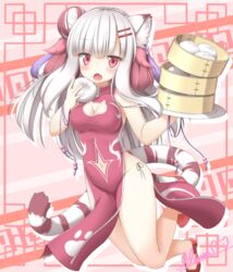  animal_ear_fluff animal_ears artist_name bamboo_steamer baozi bare_legs bare_shoulders black_panties blunt_bangs blush breasts cat_cutout china_dress chinese_clothes cleavage cleavage_cutout clothing_cutout commentary_request dress eating female food food_on_face full_body hair_bun hair_ornament hairclip haku_(p&amp;d) highres holding holding_food lilium0235 long_hair looking_at_viewer medium_breasts multicolored_hair navel navel_cutout oerba_yun_fang open_mouth panties paw_print pelvic_curtain puzzle_&amp;_dragons red_eyes red_hair side-tie_panties side_slit signature single_hair_bun sleeveless solo string_panties tail tiger_ears tiger_tail two-tone_hair underwear white_hair 