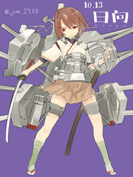  brown_hair character_name commentary_request dated female highres hyuuga_(kancolle) japanese_clothes kantai_collection katana purple_background red_eyes scabbard semidou_jun sheath short_hair standing sword turret twitter_username weapon 