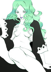  bedroom black black_clothes black_kimono breasts demon demon_girl female female female green_hair japan japan_clothes kimono legs lips long_hair looking_at_viewer nude original pose queen solo suzume vampire vampire_girl 